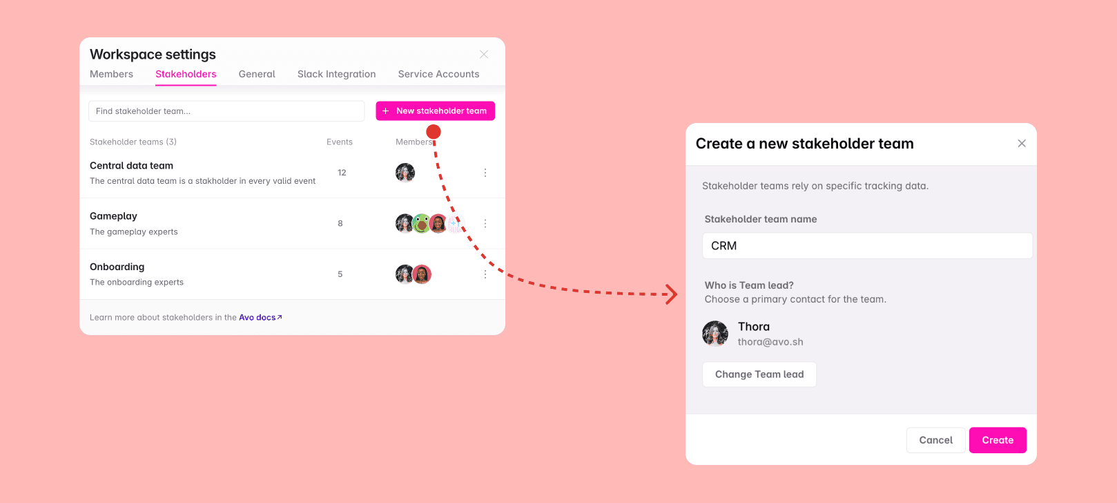 Screenshot of the stakeholder team section in the workspace settings modal where you can create a new stakeholder